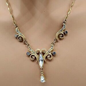 1928 Brand Gold-Tone Filigree Necklace with Clear Crystal Teardrop Vintage-Inspi